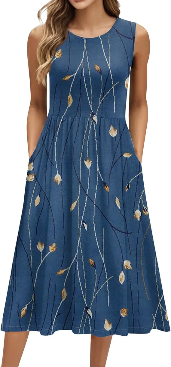 Summer Dresses for Women Beach Tank Dresses Flowy Floral A-Line Sundresses Casual Sleeveless Mid Dress with Pockets