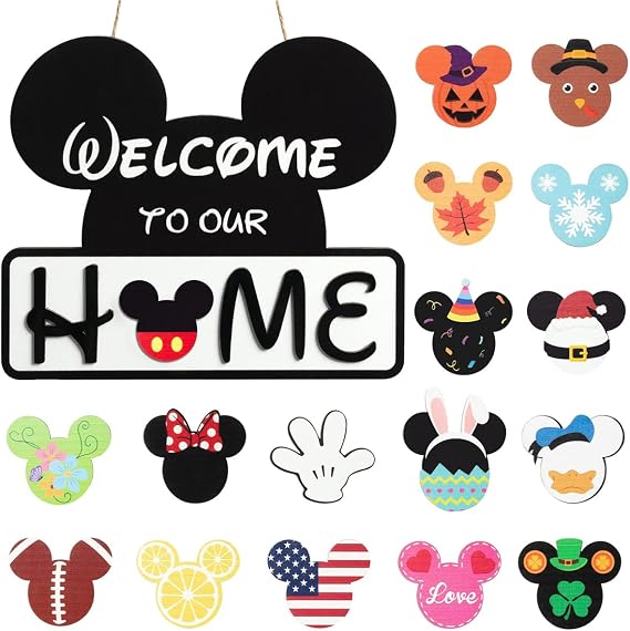 Cute Interchangeable Seasonal Welcome Door Sign, Rustic 11.8 Inch Round MDF Wooden Sign for Farmhouse Wall Porch Decor, Housewarming Gift