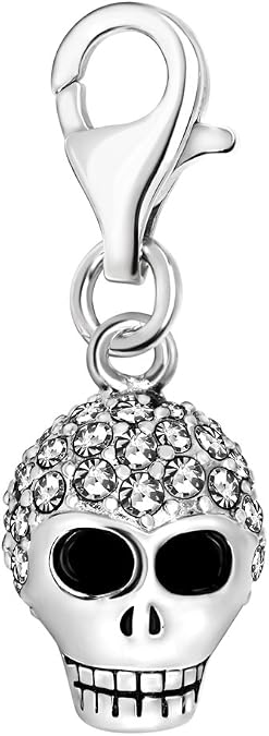Quiges 3D Skull Clip On Charm Pendant with Cubic Zirconia Silver Plated Women's Jewellery
