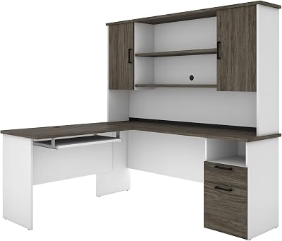 Bestar Norma 71W L-Shaped Desk with Hutch in Walnut Grey & White