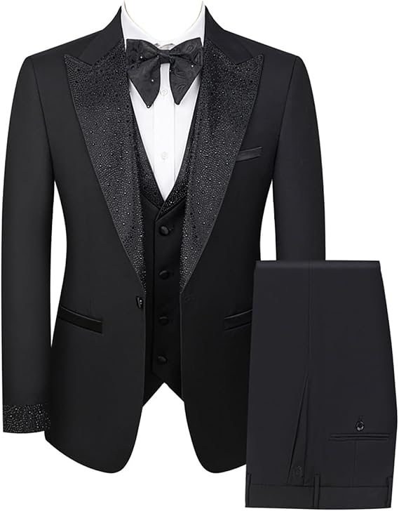 Men's Rhinestones Beading Blazer Jacket Vest Pants 3 Piece Sets Luxury Elegant Tuxedo Formal Suit Wedding Party Prom