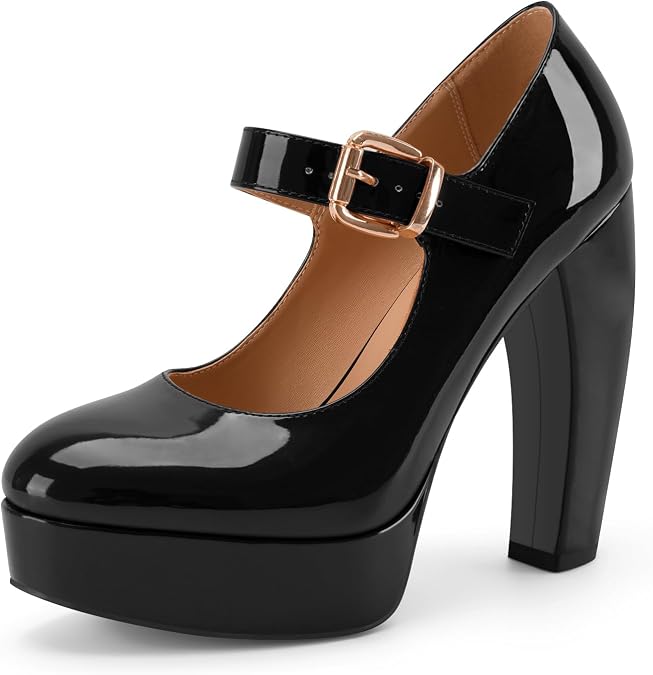 Women's Chunky Platform Mary Jane Heels Black Closed Toe Pumps | 5 Inch Patent Leather Block High Heels,Comfort Casual Dress Work School Spring Summer Fall Winter Platform Mary Janes Shoes