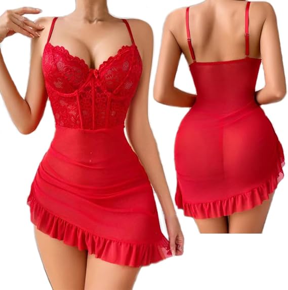 Women Lingerie Lace Chemise Sleepwear Ruffle Hem Sleep Dress Babydoll Nightwear Sexy Strap
