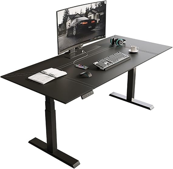 PC Desk Electric Standing Desk with Leather Desktop, Adjustable Height Sit Stand Up with 3 Memory Presets, Charging Outlets, Black(L)