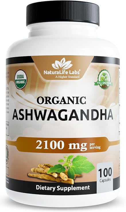 NaturaLife Labs Organic Ashwagandha 2100 mg per Serving Full Spectrum Root Powder and Standardized Extract (Withanolides) 100 Capsules Vegan Non-GMO, Gluten-Free