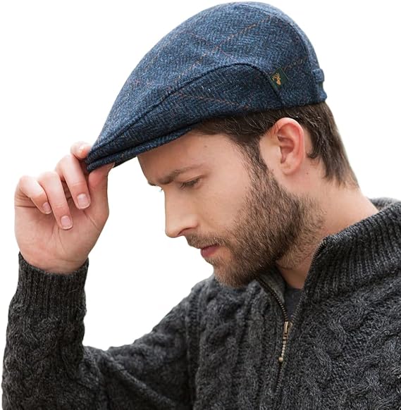 Mucros Weavers Irish Trinity Flat Cap, Irish Hat for Men, Newsboy Hat (Large, Col 34 Blue Herringbone)