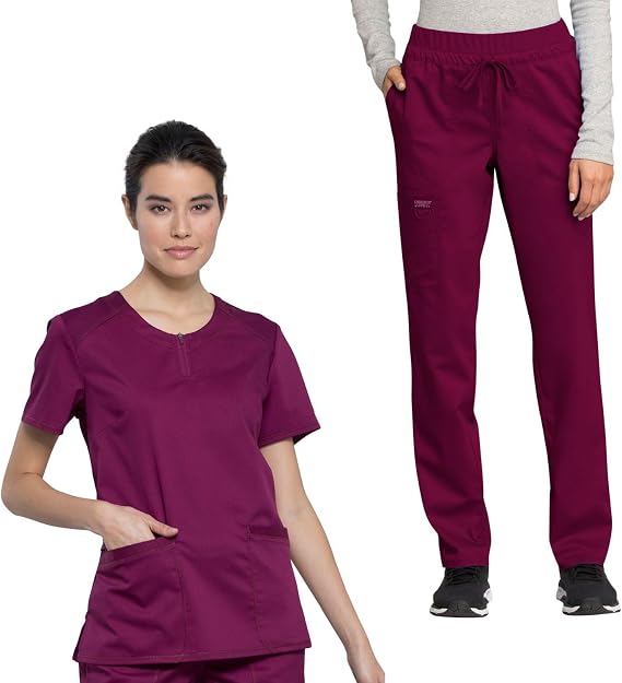 Cherokee Scrub Set for Women Zip Round Neck Scrub Top WW602 Mid Rise Tapered Leg Drawstring Scrub Pant WW105