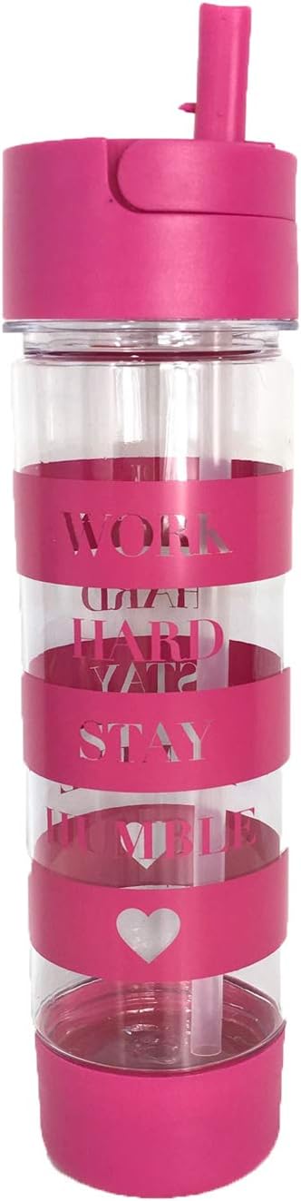 Work Hard Stay Humble Water Bottle, 22 oz BPA Free Plastic Travel Bottle with Storage, Pink Motivational Fitness Hydration Bottle