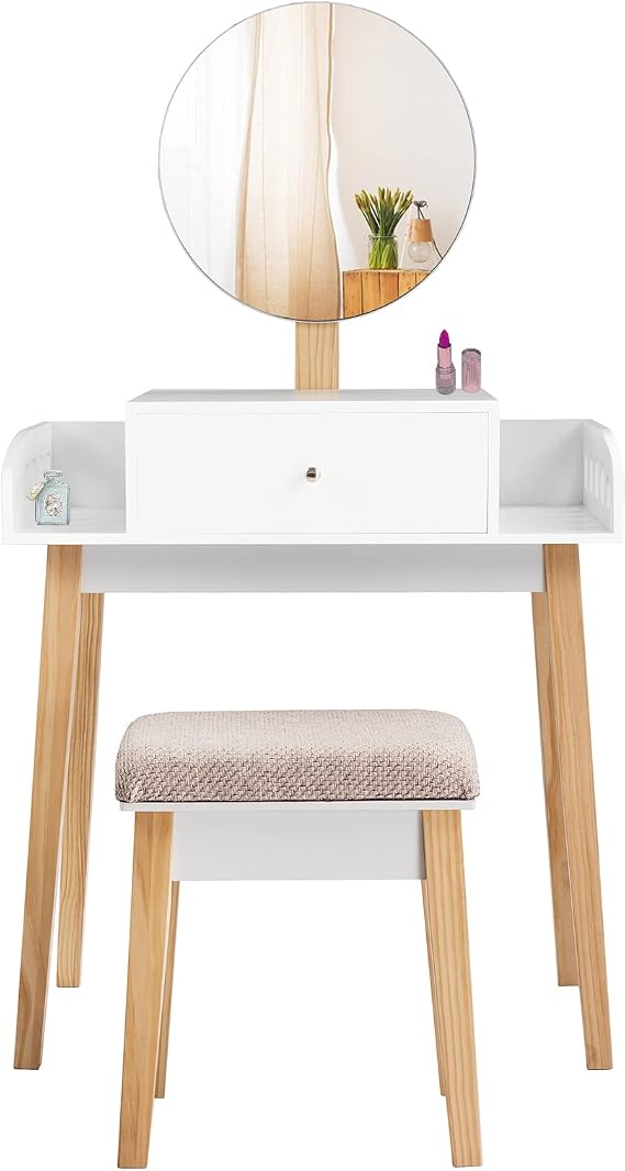 Vanity Table Set, w/Drawer &Side Storage, Dressing Table, w/Adjustable Height Rounded Mirror &Pine Legs, Girls Women Makeup Table &Stool Set, Ideal for Bedroom, Bathroom &Hallway, White & Natural.