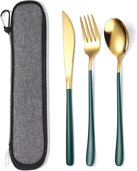 AARAINBOW Stainless Steel Silverware Set for 1, Reusable Knife Fork Spoon Set with Case, 3 Pcs Flatware Set for Travel Work, Lunchbox Cutlery Set (Green Gold)