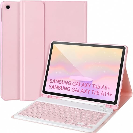 Keyboard Case for Samsung Galaxy Tab A9+/Plus 11 2023(SM-X210/X216/X218),Case with Keyboard for Samsung Tab A9+ with S Pen Holder,Detachable Bluetooth Keyboard for Galaxy A9 Auto Wake/Sleep,Pink