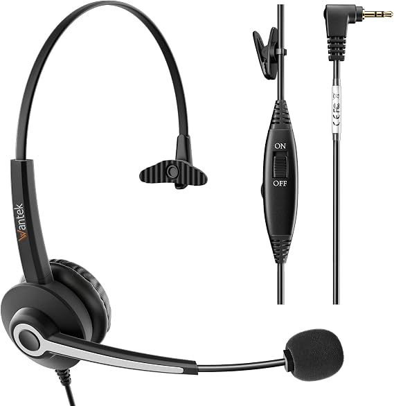 Wantek Phone Headset 2.5mm Jack with Microphone & Volume Control, Noise Cancelling Telephone Headsets for Panasonic Vtech AT&T, Cisco, Polycom, Gigaset Cordless Landline Office Phones(Black)