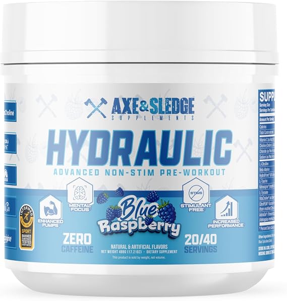 Axe & Sledge Hydraulic Stim-Free Pre-Workout Powder for Men & Women, Performance, Stamina, Focus, Pumps, L-Citrulline, Beta Alanine, Creatine, Caffeine-Free, Blue Raspberry v3