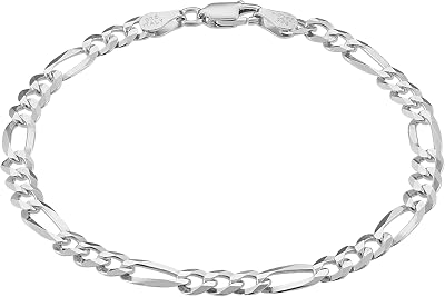 KISPER Mens Sold 925 Sterling Silver Bracelet - 5mm Cuban Link Curb Chain & Figaro Link Bracelets for Men - Sizes 6.5,7,8,9 Inch
