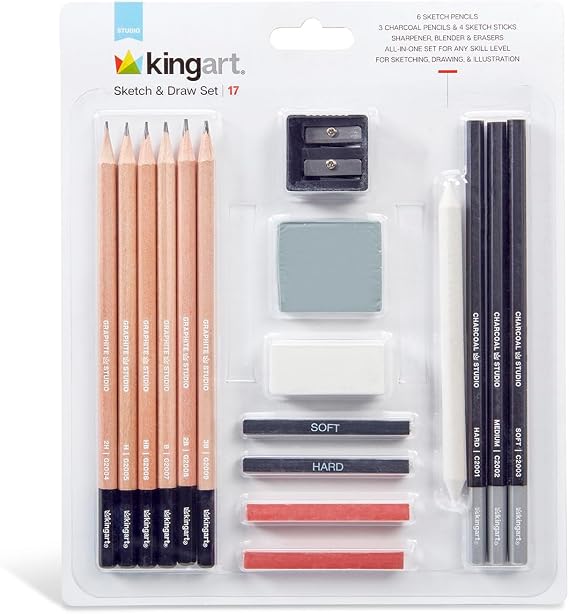 KINGART 17 Pc Professional Sketch & Draw Set, Art Supplies Kit w/Graphite, Charcoal Pencils, Eraser, Blenders for Artists, Beginners, Students