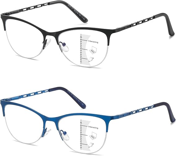 Multifocal Reading Glasses Women Progressive Multifocus Blue Light Computer Reader Cat Eye Metal Half Frame No Line Eyeglass