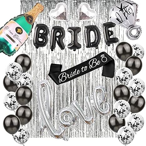 Bachelorettesy 28pc Bachelorette Party Decorations Kit, Bride to Be, Black | Bridal Shower Decorations, Engagement Party, Balloons, Sash, Foil Backdrop Curtain