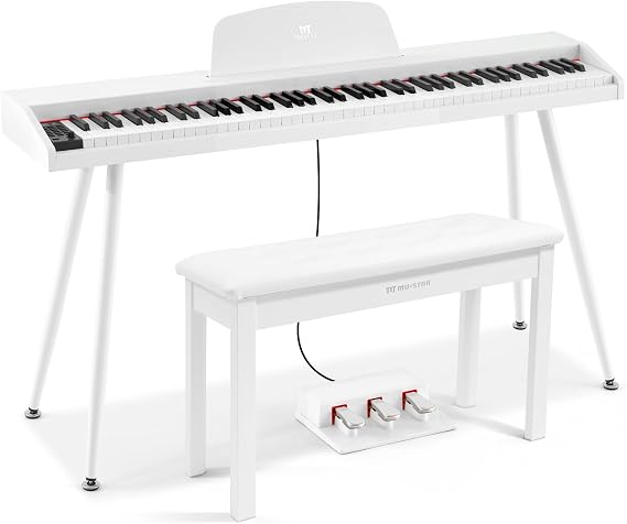 MUSTAR 88 Key Piano Keyboard with Bench, Home Digital Piano for Beginners | 88 Semi Weighted Keys, 800 Tones, 600 Rhythms, 80 Demo, 3-Pedal Unit, Furniture Stand, USB MIDI, Wireless Connection, White