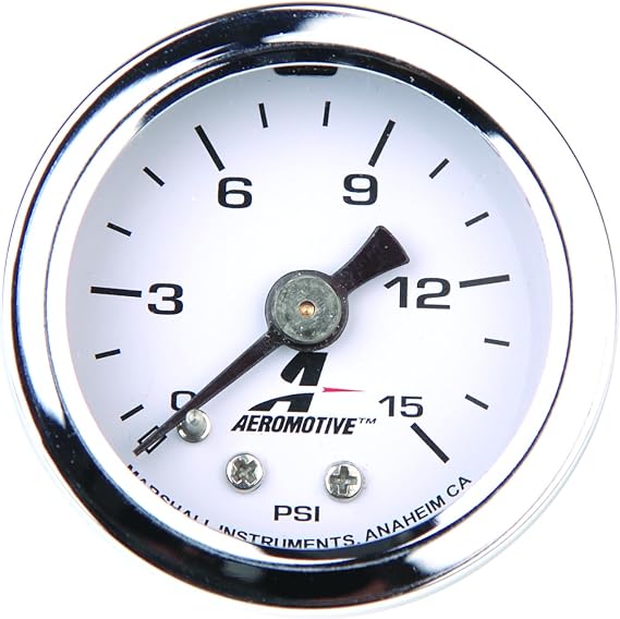 Aeromotive Fuel Pressure Gauge 0-15 PSI - Liquid Filled Inline Fuel - 15632 | Pressure Gauge, 1/8" NPT Male Fitting, 1.5 Inch Dial for Automotive Engines