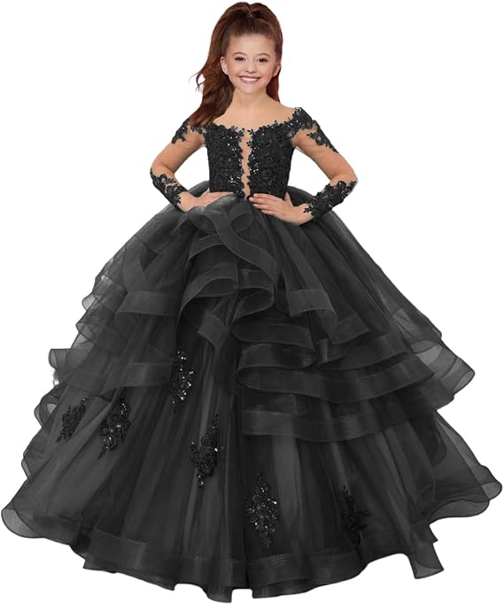 Princess Long Sleeve Flower Girl Dresses Appliques Ruffles Tulle Pageant Dresses for Girls Kids Party Ball Gowns