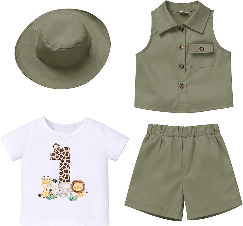 OBEEII Toddler Baby Boys Safari First Birthday Outfit Jungle Animal Short Sleeve T-shirt Top+Shorts+Vest+Hat 4PCS Set