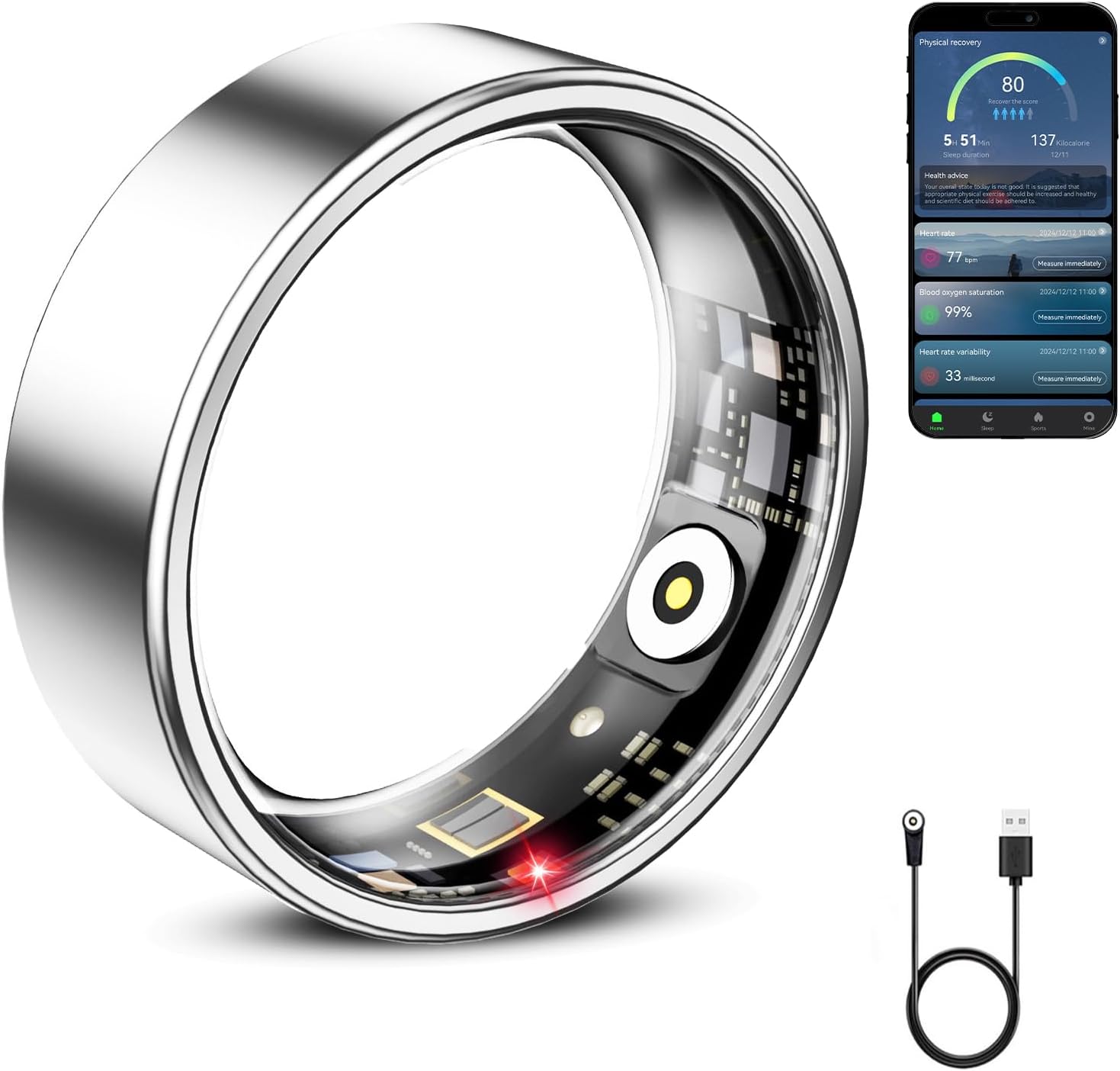 Smart Ring for Women & Men, Smart Ring Health Tracker, Blood Oxygen & Heart Rate Monitor Sleep Ring, Waterproof Fitness Ring, Long Lasting Battery Smart Rings Silver, #6
