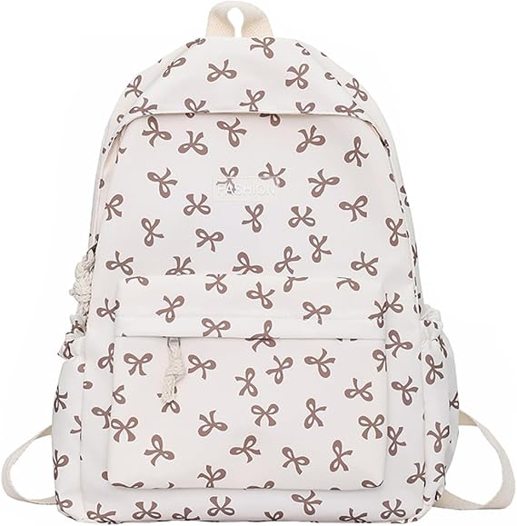 Classic Cute Bow Tie Printed Backpack 16.9 Inch Kawaii Casual Simple Lightweight Travel Bag For Women Khaki