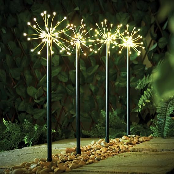 Taylor &amp; Brown 4 Pack 160 LED Warm White Starburst Christmas Pathway Lights, Firework Path Decorations, Outdoor Garden Stake Lighting, 50cm Tall, Mains Powered [Energy Class A]