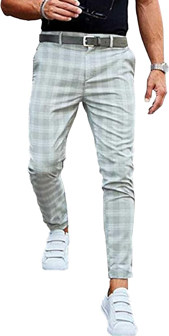 Men Slim Fit Plaid Skinny Long Pants Business Casual Chinos Trousers Stretch Business Casual Dress Men Pant