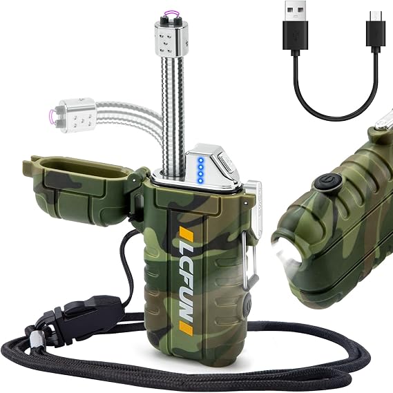 LcFun USB Rechargeable Electric Arc Lighters Windproof Plasma Lighter with LED Battery Display, Waterproof Matches with Flashlight for Camping, Survival Tactical Gear