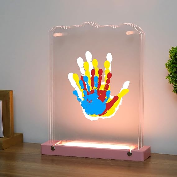 Family Handprint Kit with Light, Baby Hand and Footprint Kit, Family Gifts for New Parents, Christmas, Adoption, Baby Shower New Mom Gifts, Wooden Craft Keepsake (Pink)