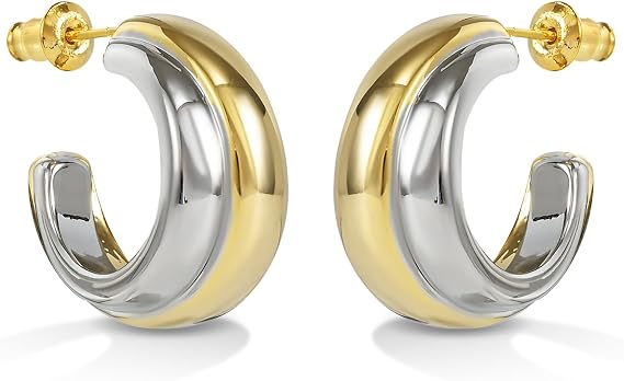 Two Tone Hoop Earrings for Women,Trendy Sterling Silver Gold C Shaped Hoop Earrings for Girls Classic Lightweight Hoops Earrings