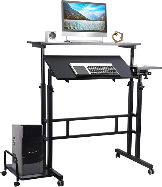 Standing Desk,Mobile Standing Desk Adjustable Height,Portable Stand Up Desk,Small Computer Desk with Wheels,Home Office Workstation,Rolling Work Desk Bedside Table for Home Office (Black)