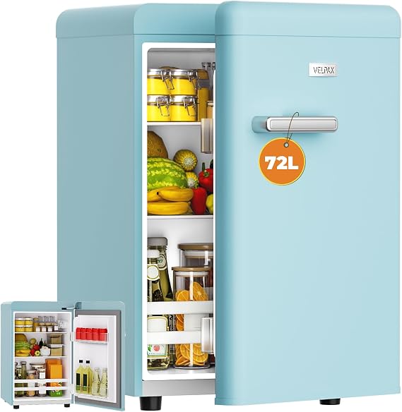 VELPAX Retro Mini Fridge, 72L Large Capacity, 43dB Quiet, Vintage Design with LED Light, 7 Temperature Control, for Bedroom, Office, Kitchen & Bar [Energy Class E] (Soft Green)
