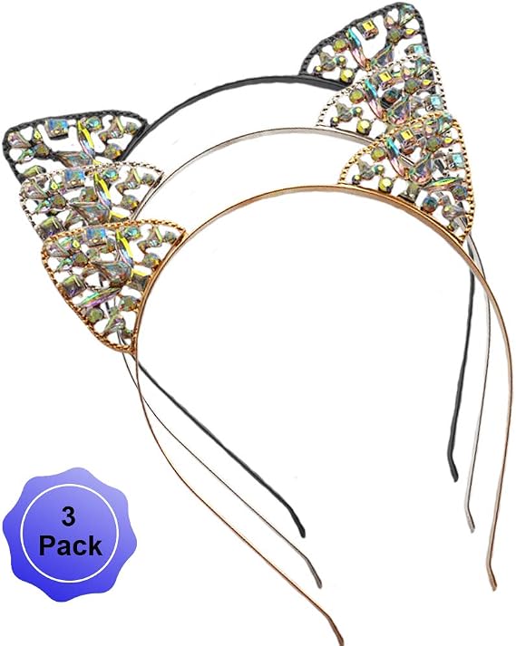 WLBON Cat Ears Headband Rhinestone Cat Hair Bands Crystal Halloween Hair Hoop Women Hairband Party Decoration Headdress Cosplay Costume Headwear Handmade Headpiece Makeup Hair Accessories 3 Pack