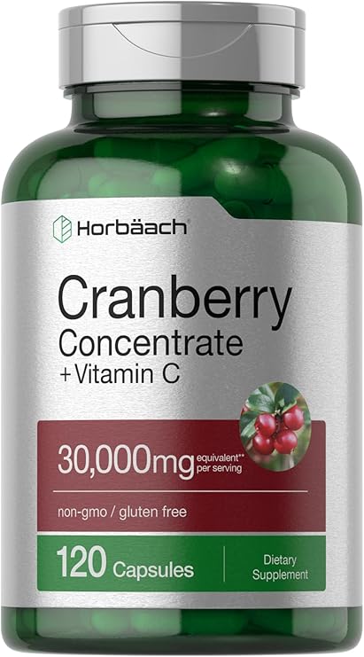 Horbaach Cranberry Concentrate Extract Pills + Vitamin C | 120 Capsules | Supplement for Women and Men | Triple Strength Ultimate Potency Formula | Non-GMO and Gluten Free