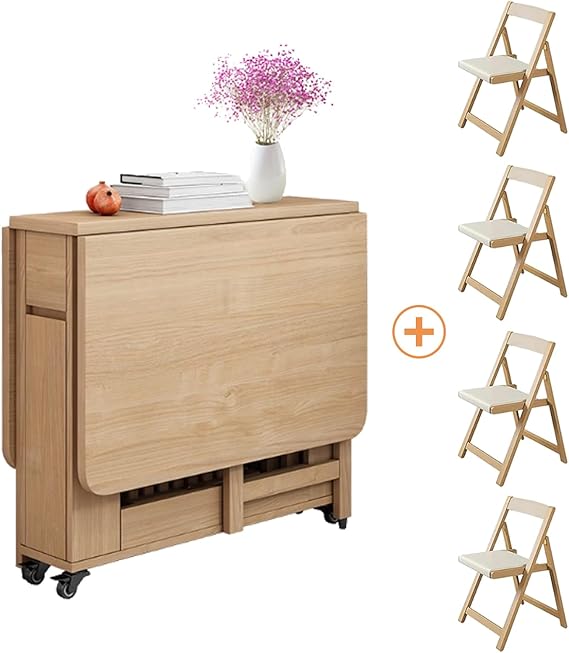 Folding Dining Table Set, Saving Space Extendable Drop Leaf Table | 59" Movable Solid Wood Dinette Table with Wheels, 4 Nesting Chairs and Storage Shelf, for Kitchen, Dining and Living Room