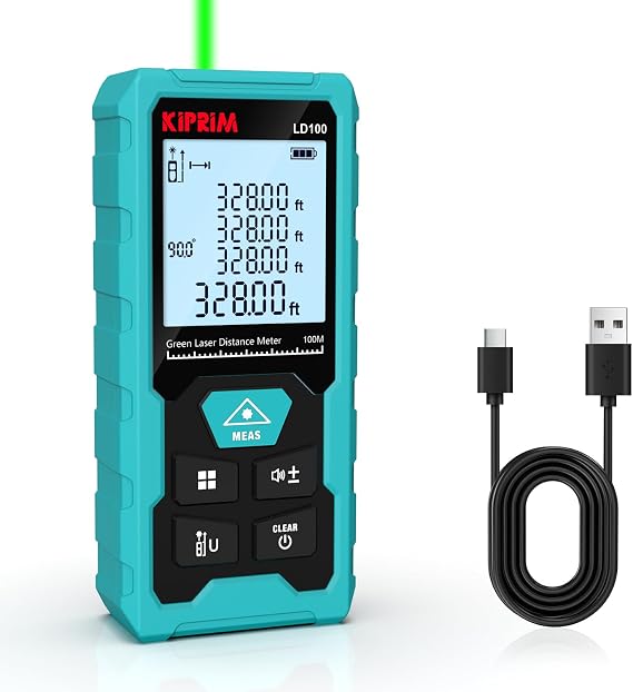 Kiprim Green Laser Distance Meter, 328ft Measuring Tool with USB Type-C Rechargeable Battery, 1/16" Accuracy, Electronic Level, 10 Modes, Class II Laser, Reflector Plate LD100