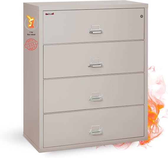 FireKing Fireproof Lateral File Cabinet (4 Drawers, Impact Resistant, Water Resistant), 44" W x 22" D, Platinum, Made in USA