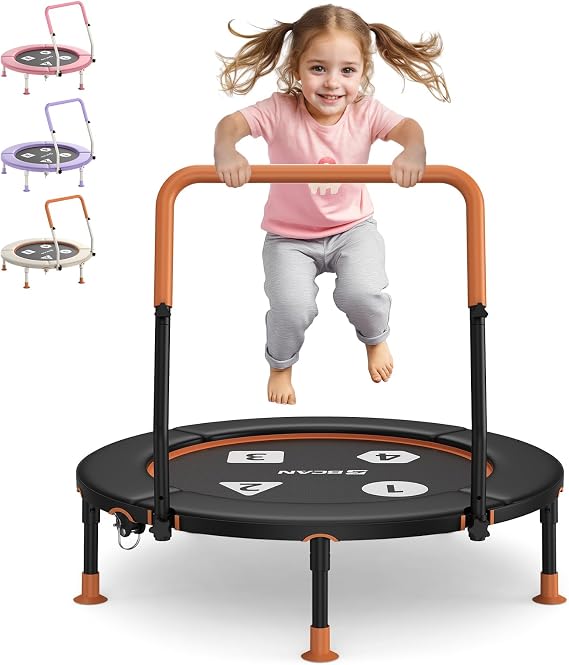 BCAN BT1 36'' Toddler Trampoline, ASTM Certified-Foldable Mini Trampolines for Kids Ages 1-6, Adjustable Handle, Safety Pad & Foldable Legs, Baby Trampoline Indoor/Garden, Gift for Boy and Girl, Black