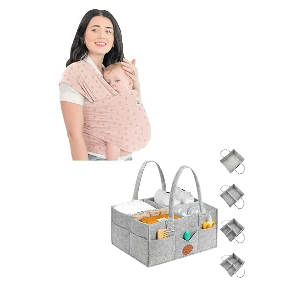 KeaBabies Baby Wrap Carrier and Baby Diaper Caddy Organizer - All in 1 Original Breathable Baby Sling, Hands Free Baby Carrier Sling - Large Baby Organizer for Nursery