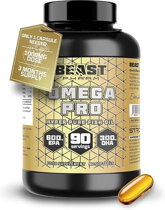 Beast Pharm Omega 3 Capsules High Strength 1000mg per Capsule - 90 Softgels, 3 Month Supply - Omega 3 Fish Oil Triple Strength Supplements 600mg EPA, 300mg DHA