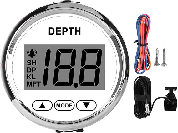 Srum Digital Depth Sounder, 2'' in Dash Depth Finder Transducer with White Backlight, DC 12V Waterproof Marine Depth Gauge 0-100m/0-328FT for Yachts Boats