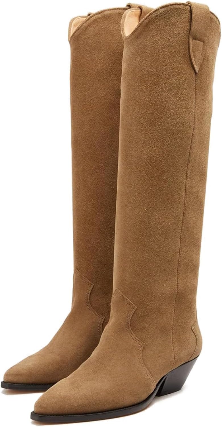 Yishaweiqi Camel Suede Knee High Boots for Women Snip Toe Cowboy Boots Chunky Heel Cowgirl Boots Ladies Fall Long Boot Wide Calf Tall Boot