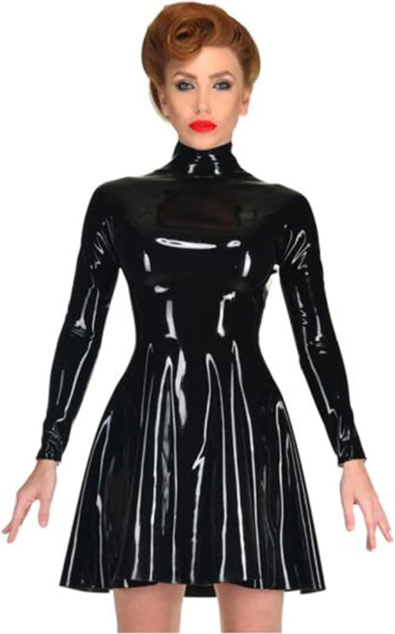 Black Latex Dress Back Zipper Long Sleeve Pleated Skirt Club Party Wear Costume