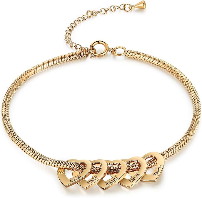 Personalized Charms Anklet for Women Inspirational Heart Anklet, Engraved 2-6 Names Anklet Bracelet, Adjustable Anklet for Mom Grandma, gold 5 charm