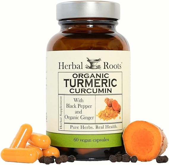 Herbal Roots Organic Turmeric Curcumin Capsules with Ginger and Black Pepper - 95% Standardized Curcumin - USDA Certified Organic - 60 Vegan Capsules