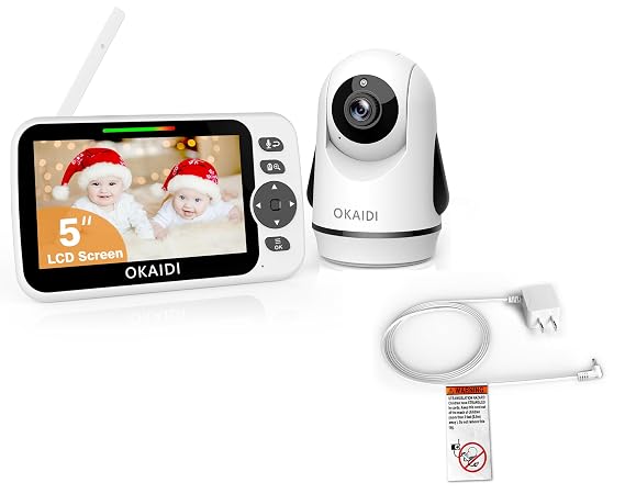OKAIDI Video Baby Monitor with Charger Adapter, 5" Display Baby Monitor No WiFi, Video Monitor Power Cord Adapter, 6.6ft Baby Camera Charger, 5V 1A 3.5mm DC Power, Remote Pan-Tilt-Zoom Camera