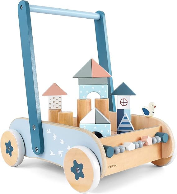 PairPear Wooden Baby Walker with Blocks,Speed Adjustable Baby Push Cart, Montessori Activity Walker Toy for Toddlers, Gift for 1-3 Y Boys & Girls