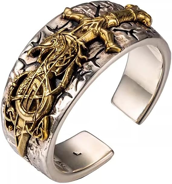 Two Tone 925 Sterling Silver Dragon Sword Ring Engraved Viking Compass Vegvisir Norse Jewelry for Men Women Open Adjustable Size S/M/L/XL